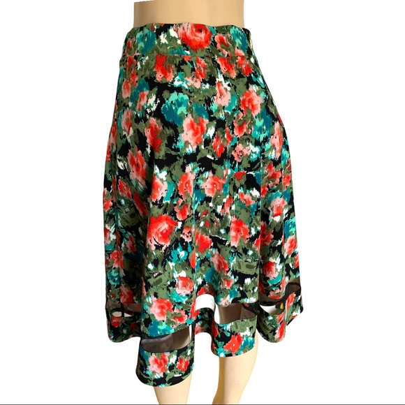 Faith and Joy Midi A-Line Skirt Red Rose Flowy Floral Sheer Panel Dress Skirt - Picture 3 of 6